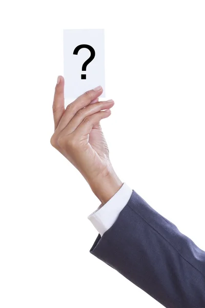 Geschäftsmann zeigt jemandem seine Visitenkarte mit Fragezeichen — Stockfoto