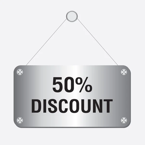Silver metallic 50 percent discount sign hanging on the wall — Stock Vector