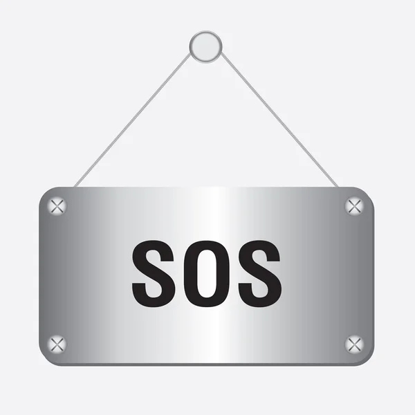 Cartel SOS metálico plateado colgado en la pared — Vector de stock