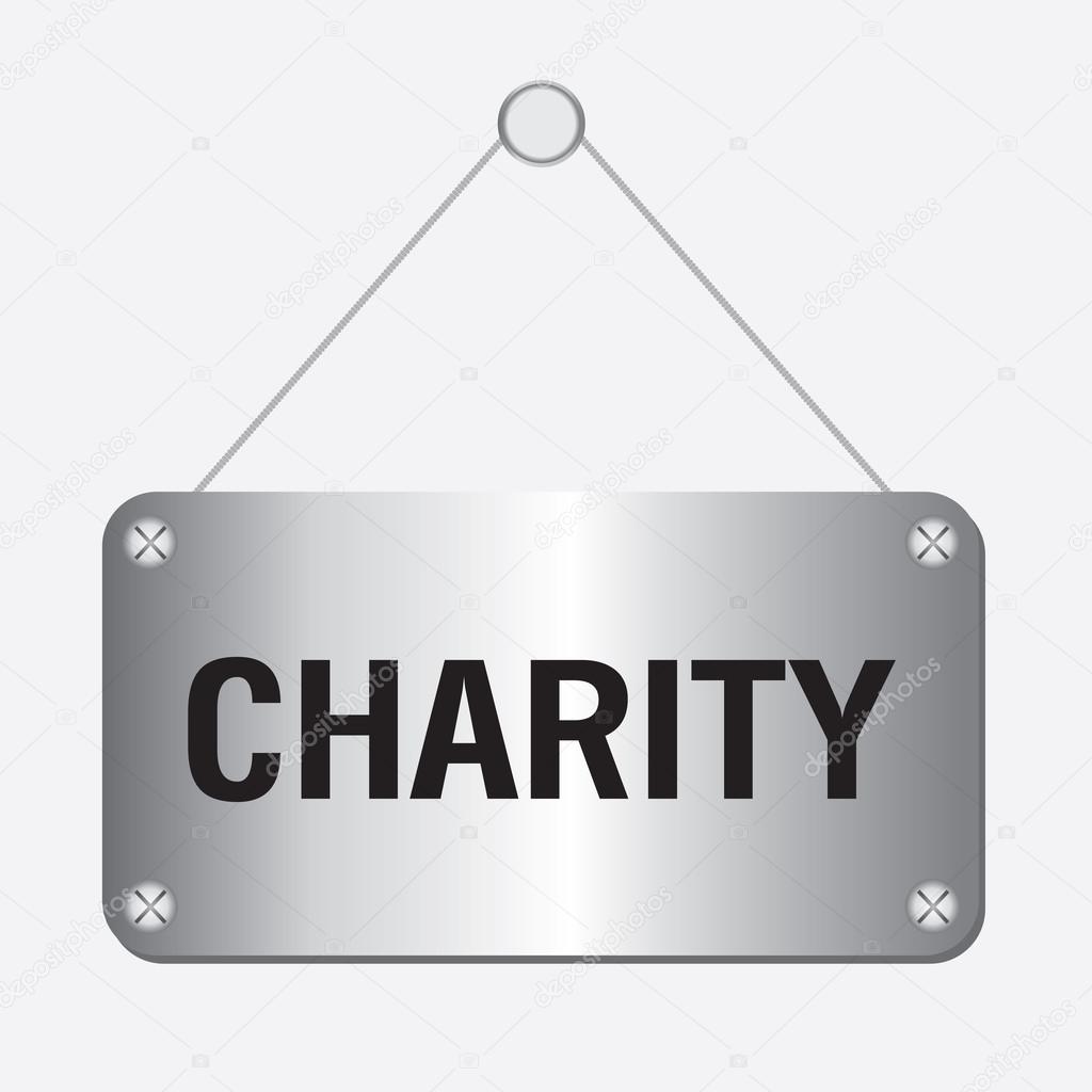 Silver metallic charity sign hanging on the wall
