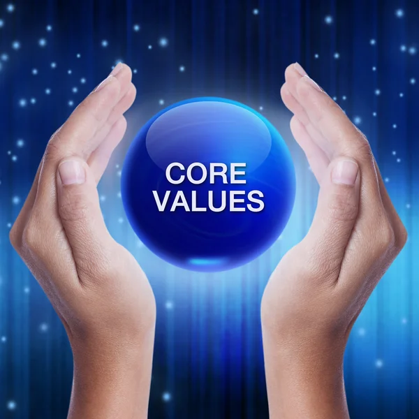 Hand showing blue crystal ball with core values word. business concept — Stock Photo, Image