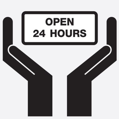 24 Saat Açık işareti simgesi gösterilen el. Vektör çizim.