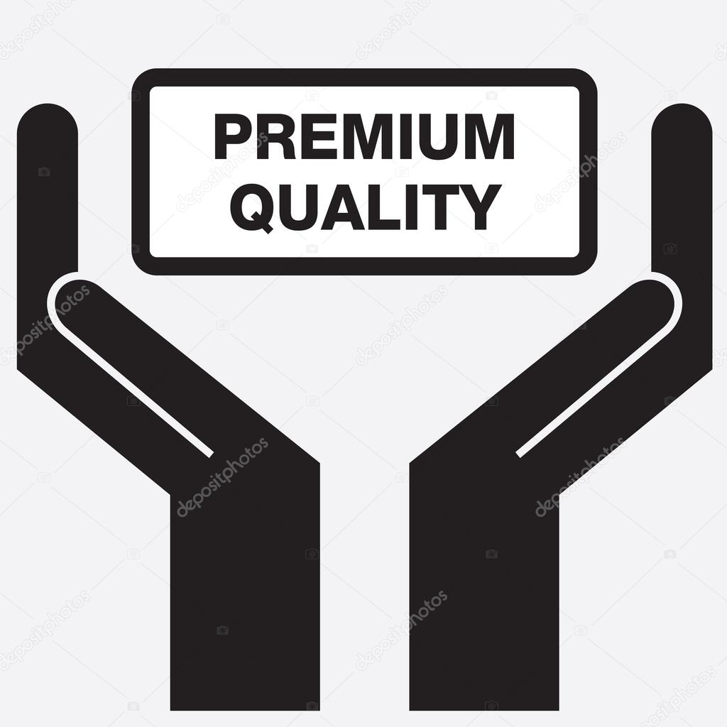 Hand showing premium quality sign icon. Vector illustration.