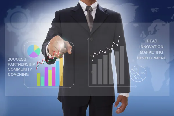 Geschäftsmann Hand Touch Chart Geschäft auf virtuellem Bildschirm — Stockfoto