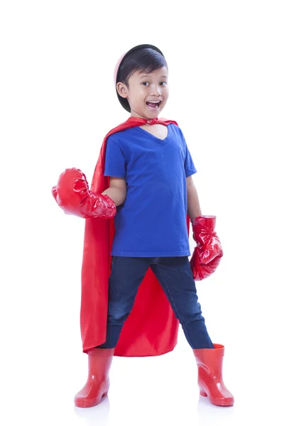 Supereroe bambino con guanti da boxe su sfondo bianco — Foto Stock