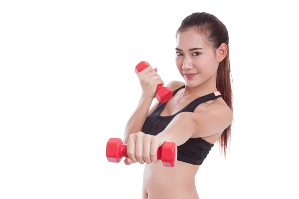 Young woman doing exercise with lifting weights — Stock Photo, Image