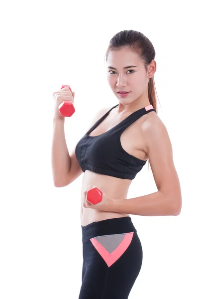 Jonge vrouw doen oefening met gewichten op te heffen — Stockfoto