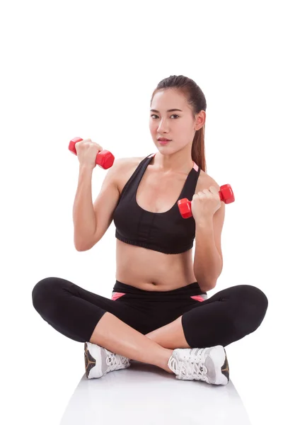 Sport woman doing exercise with lifting weights on white background — Stock Photo, Image