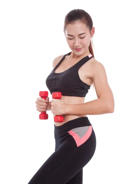 Beyaz arka plan üzerinde ağırlık ile egzersiz yaparak spor kadın — Stok fotoğraf