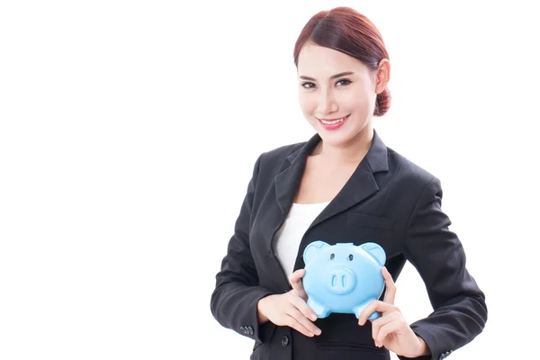 Smiling businesswoman holding piggy bank isolated on white background — Stock Photo, Image
