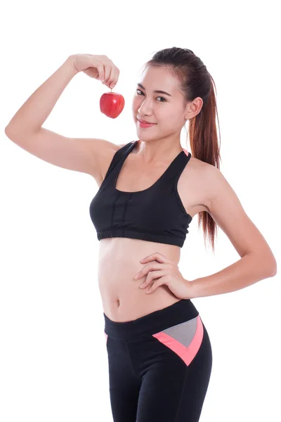 Fitness woman holding apple. healthy concept — Stock Photo, Image