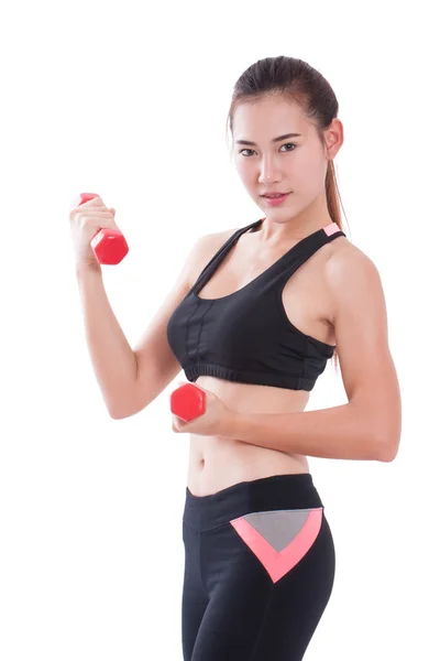 Sport woman with lifting weights and holding apple. healthy concept — Stock Photo, Image