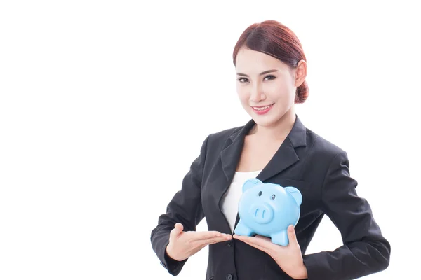 Happy businesswoman holding piggy bank isolated on white background — Stock Photo, Image