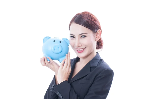 Happy businesswoman holding piggy bank isolated on white background — Stock Photo, Image