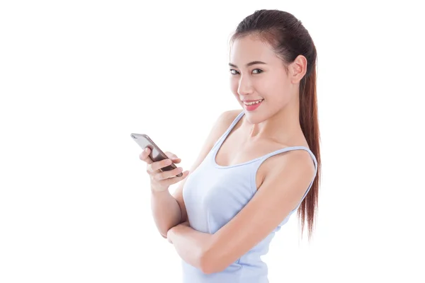 Happy woman using smartphone on white background — Stock Photo, Image