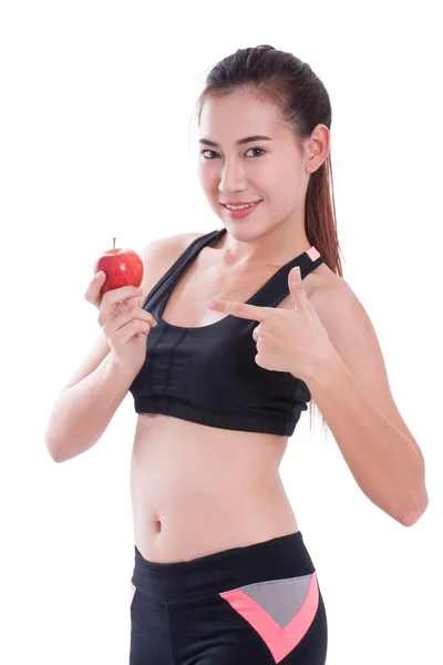 Fitness-Frau mit Apfel auf weißem Hintergrund. Gesundheitskonzept — Stockfoto