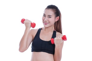 Ağırlık kaldırma ile egzersiz yaparak spor genç kadın