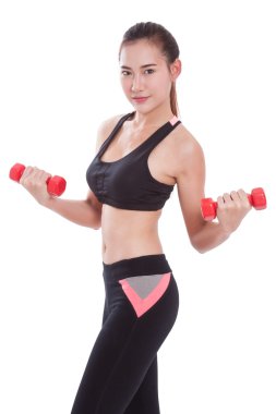 Ağırlık kaldırma ile egzersiz yaparak spor genç kadın