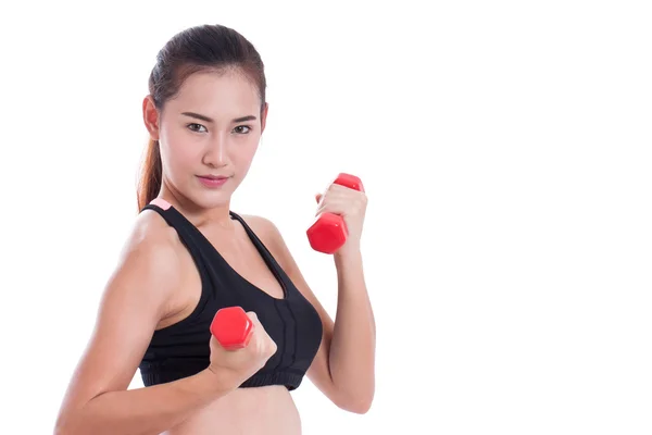 Jonge vrouw sport doen oefening met gewichten op te heffen — Stockfoto