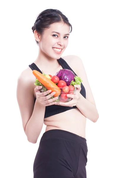 Hälsosam kost, glad ung kvinna med grönsaker. — Stockfoto
