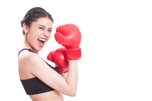 Fitness woman with the red boxing gloves. — Stock Photo, Image