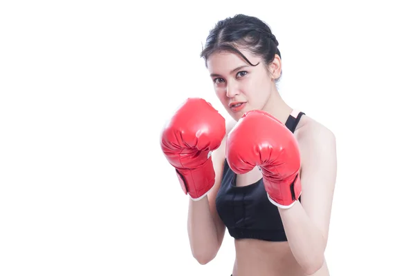 Mulher fitness com as luvas de boxe vermelho — Fotografia de Stock