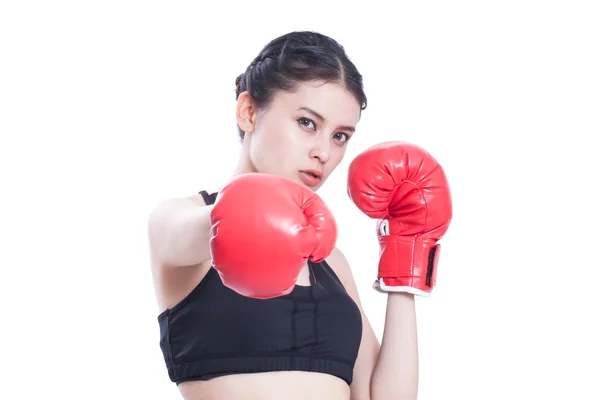 Mulher fitness com as luvas de boxe vermelho — Fotografia de Stock