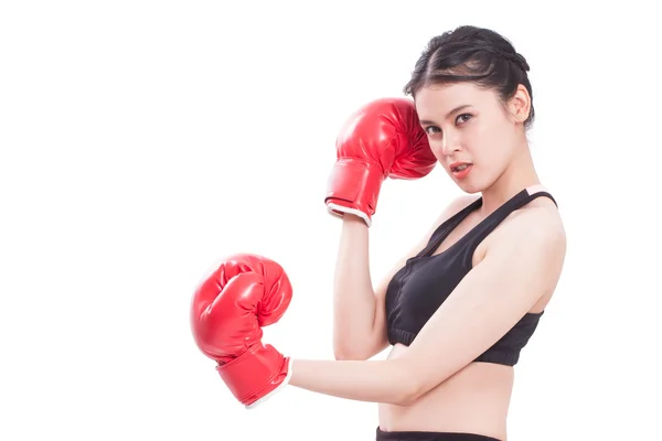 Fitness vrouw met de rode bokshandschoenen — Stockfoto