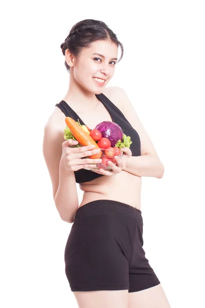 Hälsosam kost, glad ung kvinna med grönsaker — Stockfoto