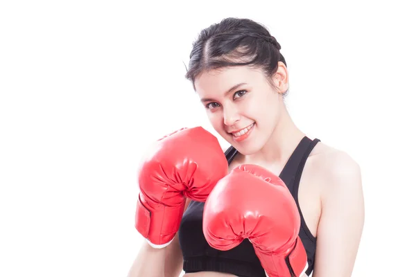 Fitness woman with the red boxing gloves — Stock Photo, Image