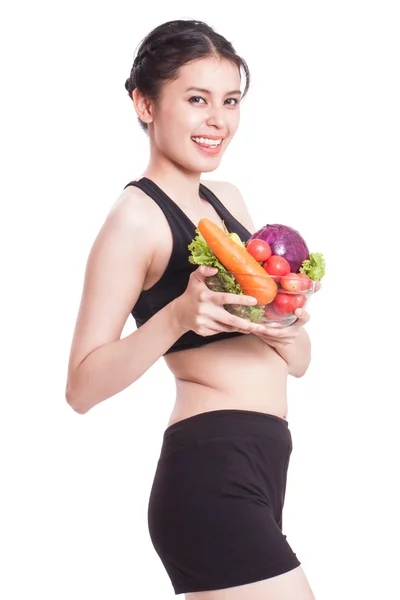 Sağlıklı yemek, sebze ile mutlu genç kadın — Stok fotoğraf