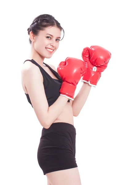 Fitness woman with the red boxing gloves — Stock Photo, Image