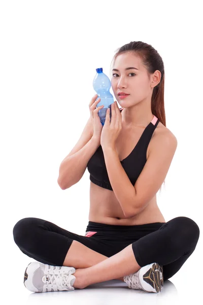 Mujer feliz sosteniendo botella de agua —  Fotos de Stock