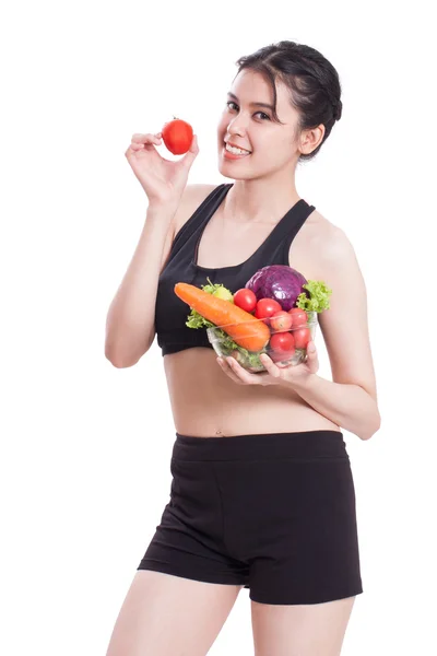 Alimentación saludable, mujer joven feliz con verduras . —  Fotos de Stock