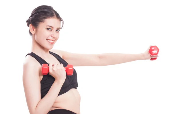 Ağırlık kaldırma ile egzersiz yaparak spor kadın — Stok fotoğraf