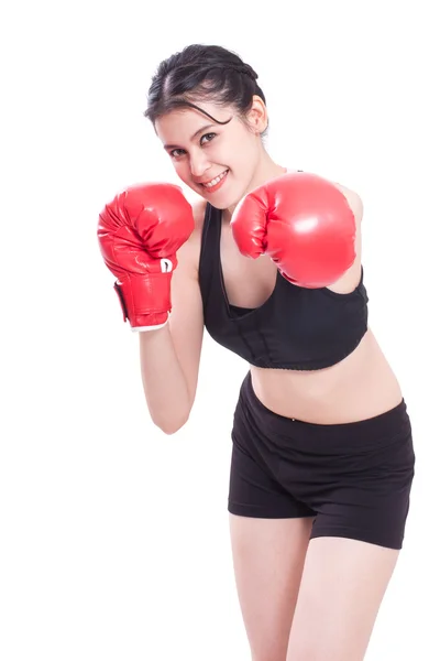 Mujer fitness con los guantes de boxeo rojos . — Foto de Stock