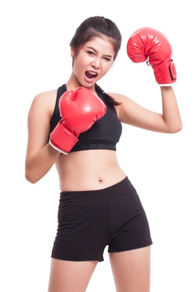 Mujer fitness con guantes de boxeo rojos — Foto de Stock
