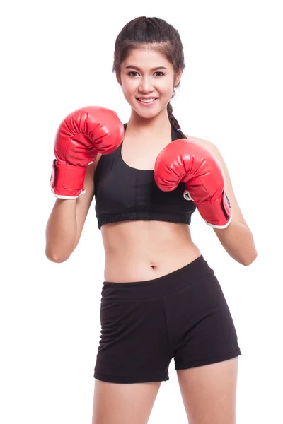 Fitness kvinna med röda boxningshandskar — Stockfoto
