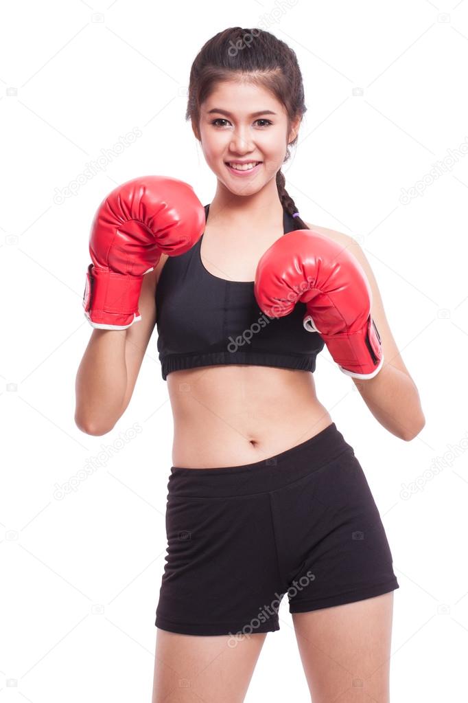 Fitness woman with red boxing gloves