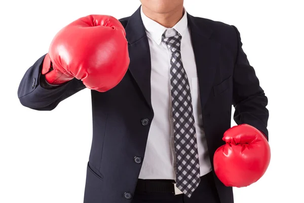 ビジネスマンの身に着けている赤いボクシング用グローブ — ストック写真