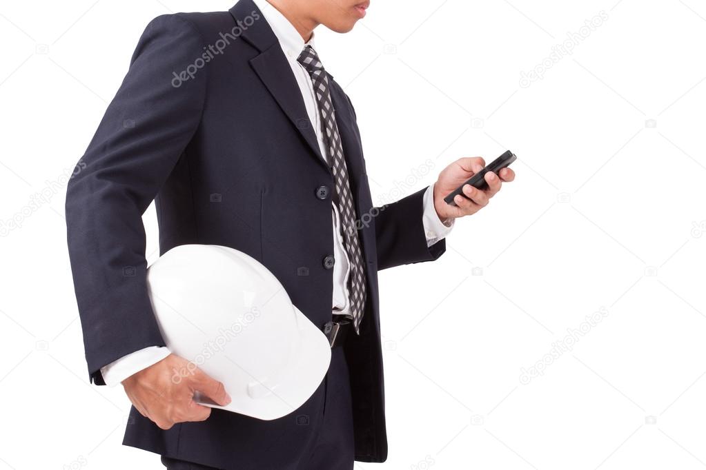 engineer with helmet and smartphone