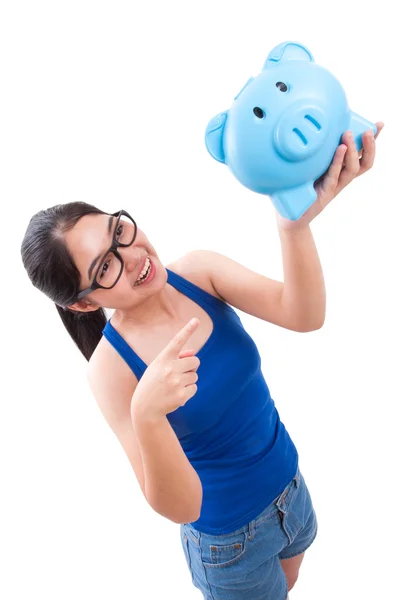 Vrouw bedrijf piggy bank — Stockfoto