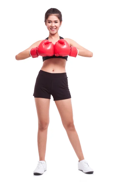 Fitness nő, boksz-kesztyűket visel — Stock Fotó
