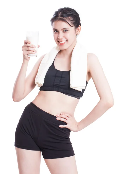 Healthy woman with glass of milk — Stock Photo, Image