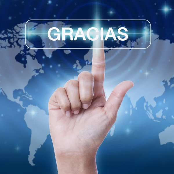 Mano premendo gracias parola — Foto Stock