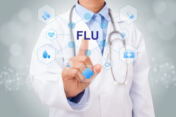 Medico toccando FLU segno — Foto Stock