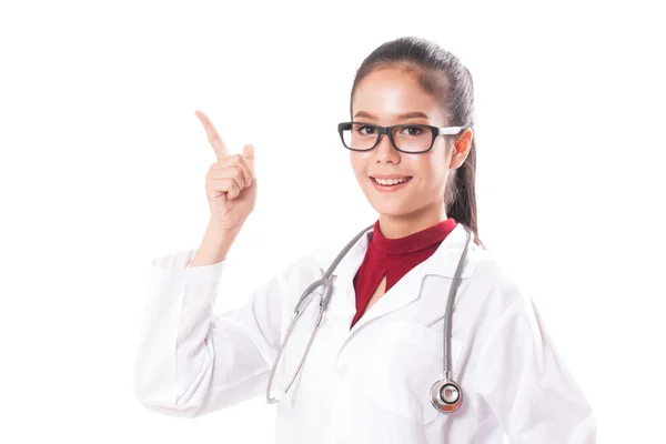Vrouwelijke arts met bril omhoog één vinger. — Stockfoto