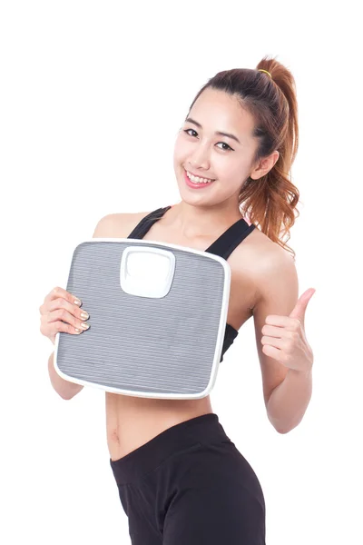 Diety, sportovní ženy s váhou měřítko. — Stock fotografie