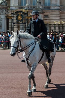 Londra, İngiltere - Temmuz 2012: Londra 'daki Buckingham Sarayı önünde nöbet değişimi sırasında bir polis memuru bir atı devriye geziyor