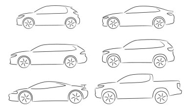 Altı arabanın tasarımı - küçük araba, spor araba, sedan, station wagon, SUV ve pikap